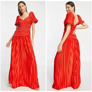 NWT ASOS Design Puff Sleeve Lace Trim Pleated Maxi Gown $100